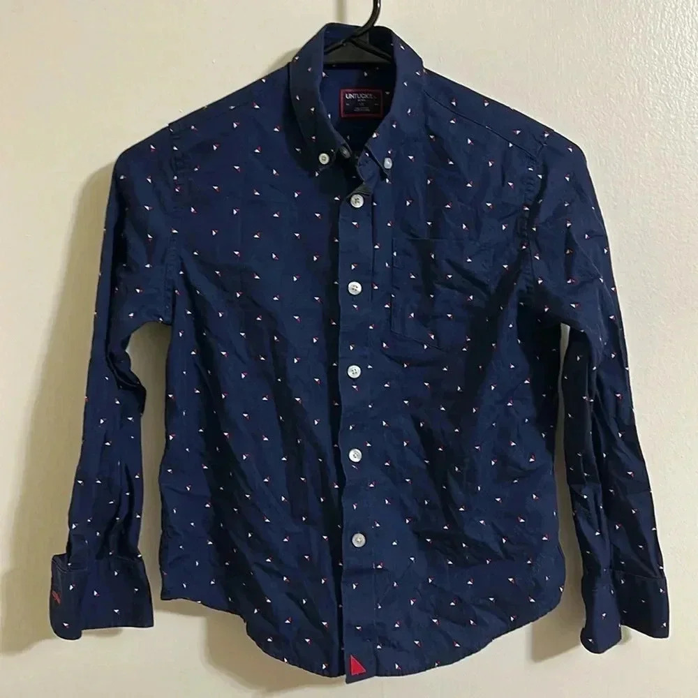 EUC Untuckit Boys Long Sleeve Button Up Dress Shirt (10) Navy